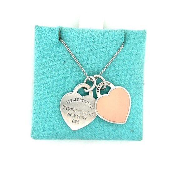 T&Co. 925 Small Pink Enamel Double Heart Necklace - Picture 1 of 12